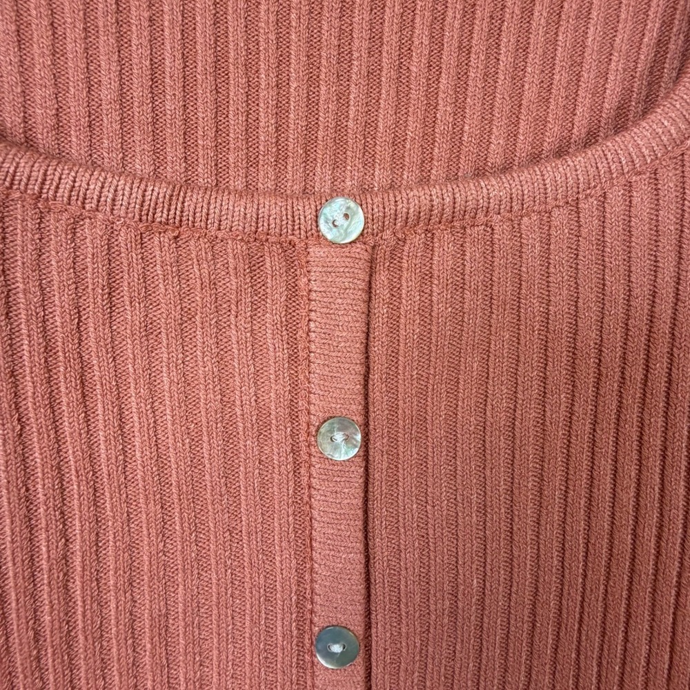 Debut M/L Ribbed Knit Cropped Cardigan Square Neck Y2K Indie Terracotta Top - Picture 3 of 4